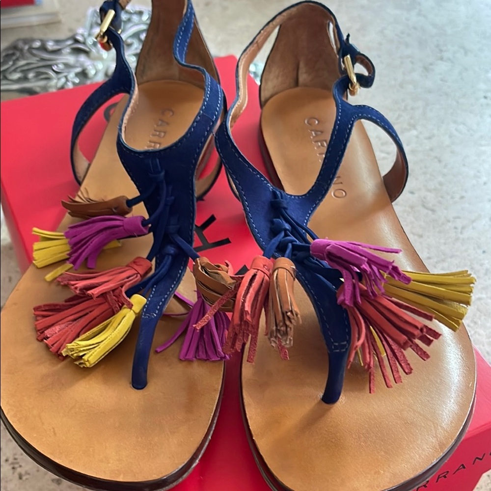 Women's Blue Suede Sandals with Multicolor Tassels